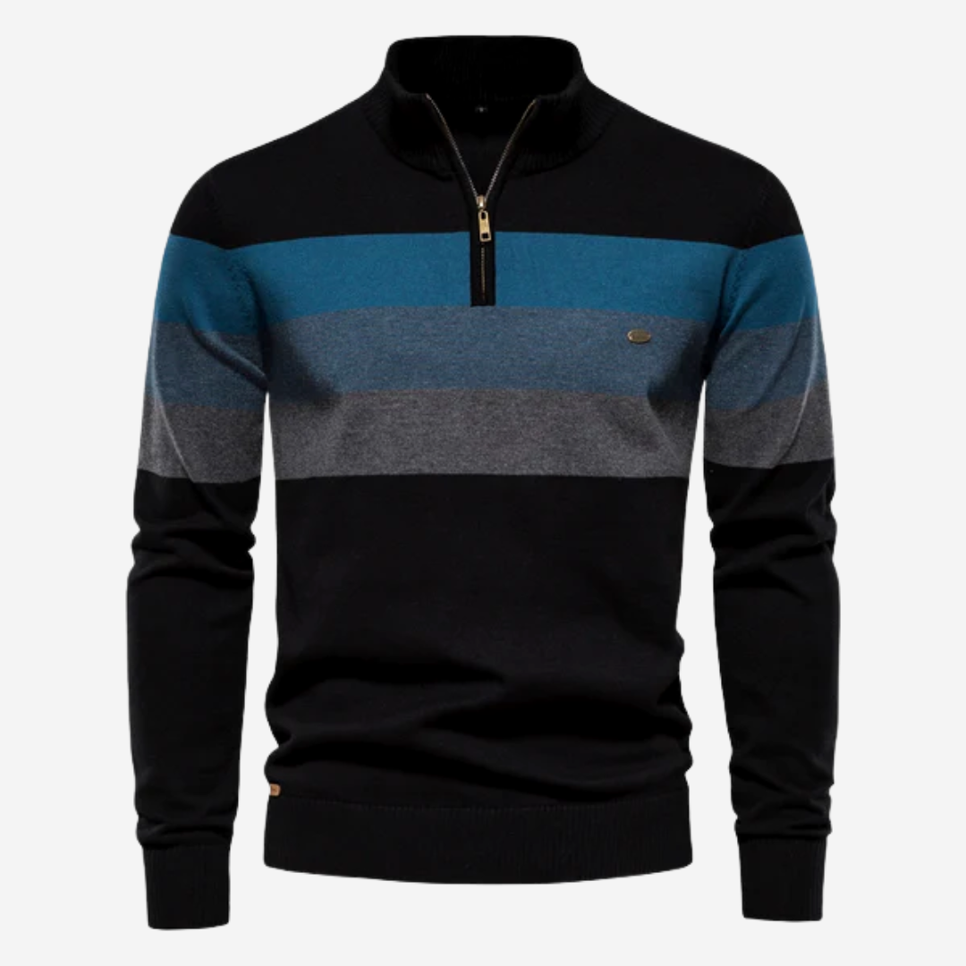 NOUVEAU RICHE Gestreifter Strickpullover Mit Viertelreißverschluss Für Herren Schwarz