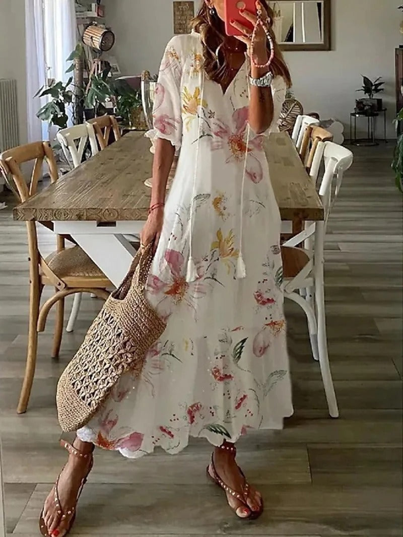 NOUVEAU RICHE Amore | Damen Sommerkleid – Maxi-Länge, Boho-Stil & V-Ausschnitt Beige