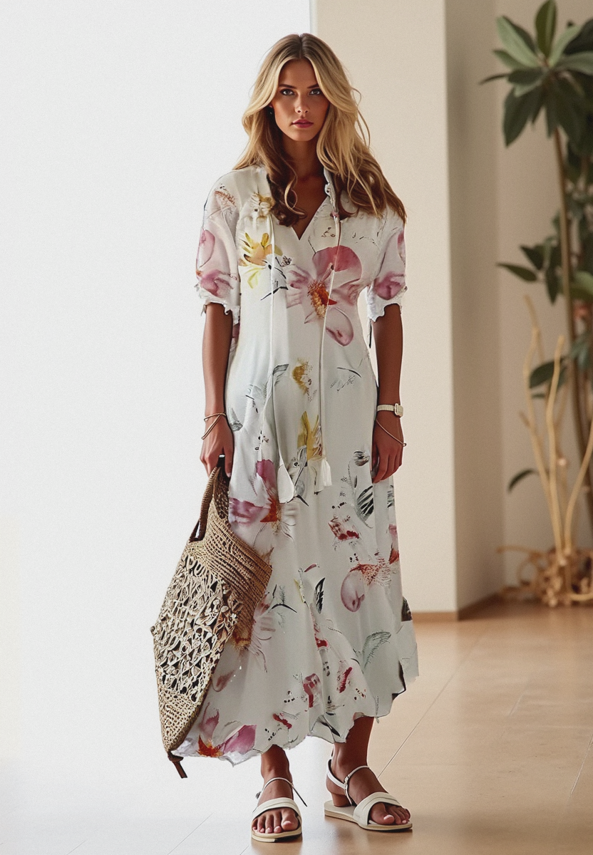 NOUVEAU RICHE Amore | Damen Sommerkleid – Maxi-Länge, Boho-Stil & V-Ausschnitt
