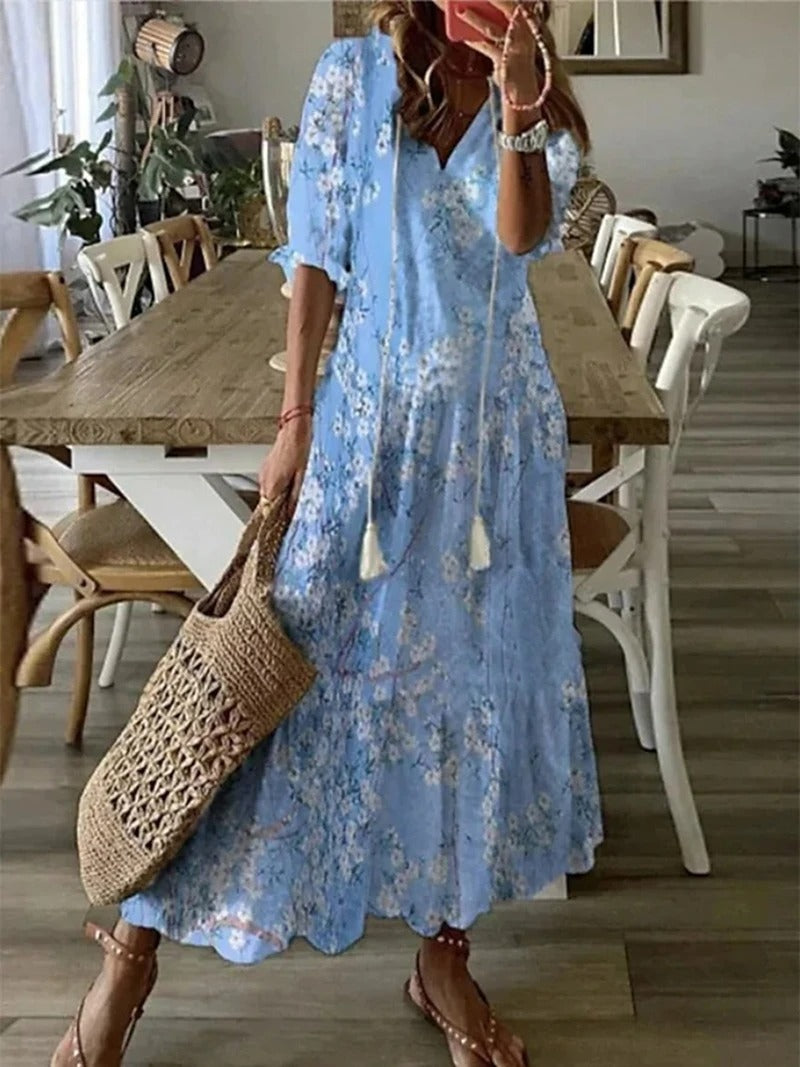 NOUVEAU RICHE Amore | Damen Sommerkleid – Maxi-Länge, Boho-Stil & V-Ausschnitt Himmelblau