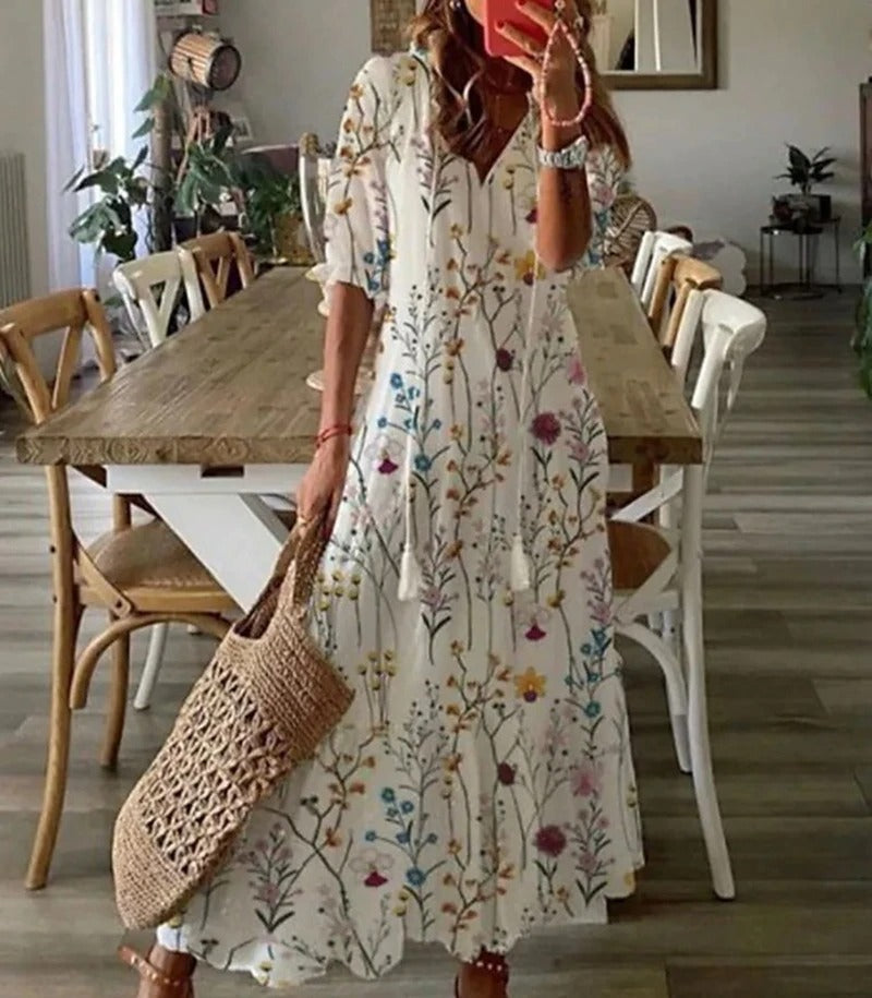 NOUVEAU RICHE Amore | Damen Sommerkleid – Maxi-Länge, Boho-Stil & V-Ausschnitt Mehrfarbig