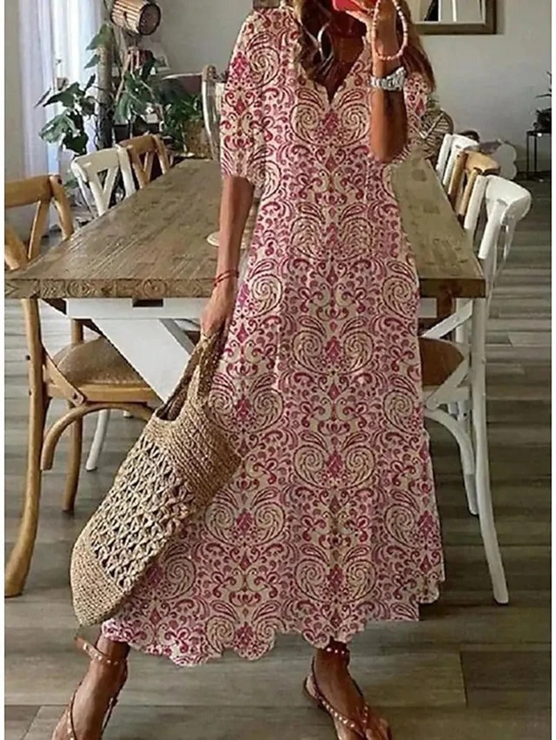 NOUVEAU RICHE Amore | Damen Sommerkleid – Maxi-Länge, Boho-Stil & V-Ausschnitt Rosa
