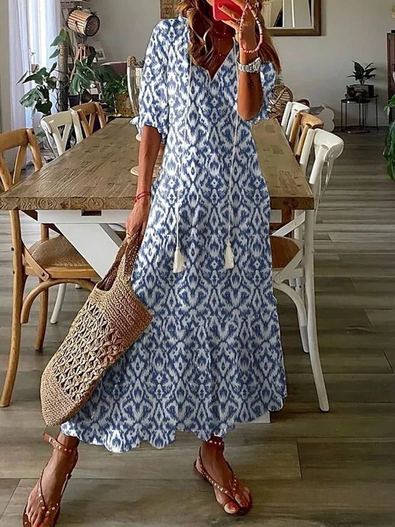 NOUVEAU RICHE Amore | Damen Sommerkleid – Maxi-Länge, Boho-Stil & V-Ausschnitt Hellblau