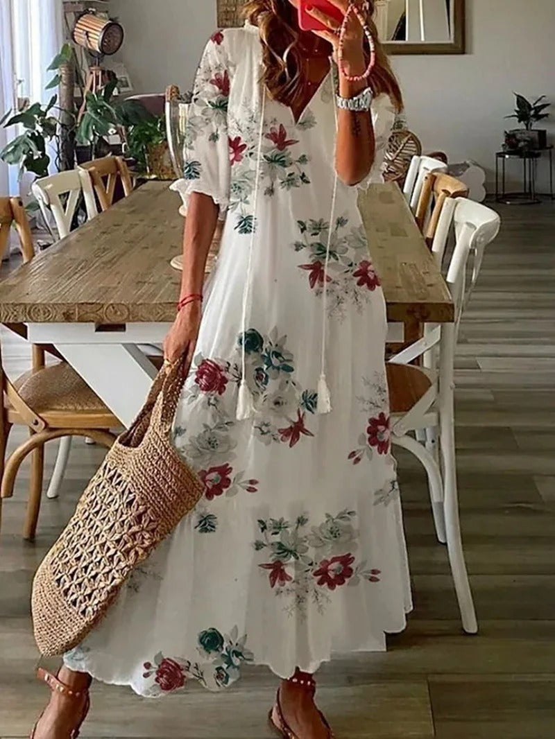 NOUVEAU RICHE Amore | Damen Sommerkleid – Maxi-Länge, Boho-Stil & V-Ausschnitt Weiß