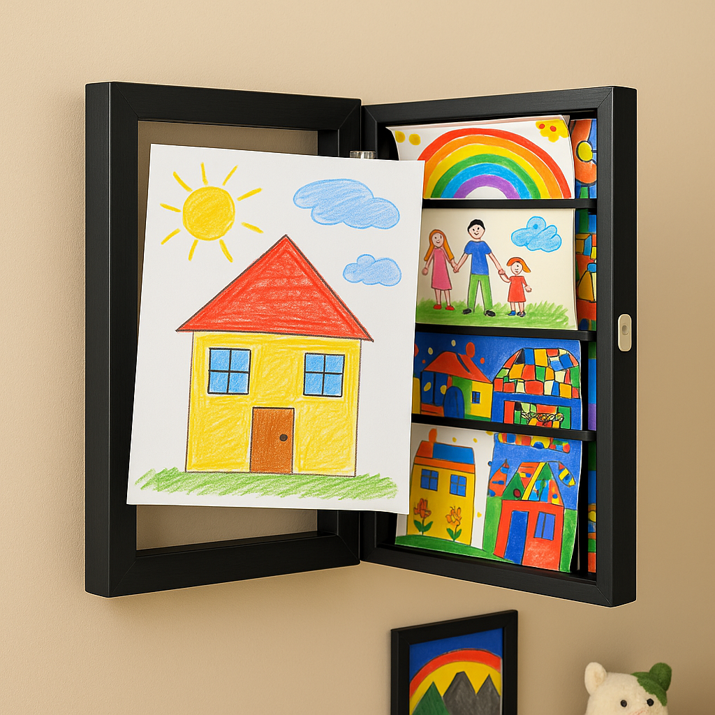 NOUVEAU RICHE Kinderkunst-Wechselrahmen A4 / A3 – Bilderrahmen aus Holz für Kinderzeichnungen, Stauraum für 150 Bilder, 6 Farben Schwarz A4