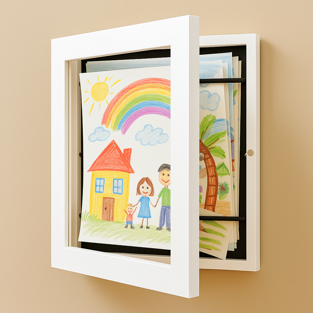 NOUVEAU RICHE Kinderkunst-Wechselrahmen A4 / A3 – Bilderrahmen aus Holz für Kinderzeichnungen, Stauraum für 150 Bilder, 6 Farben Weiss A4
