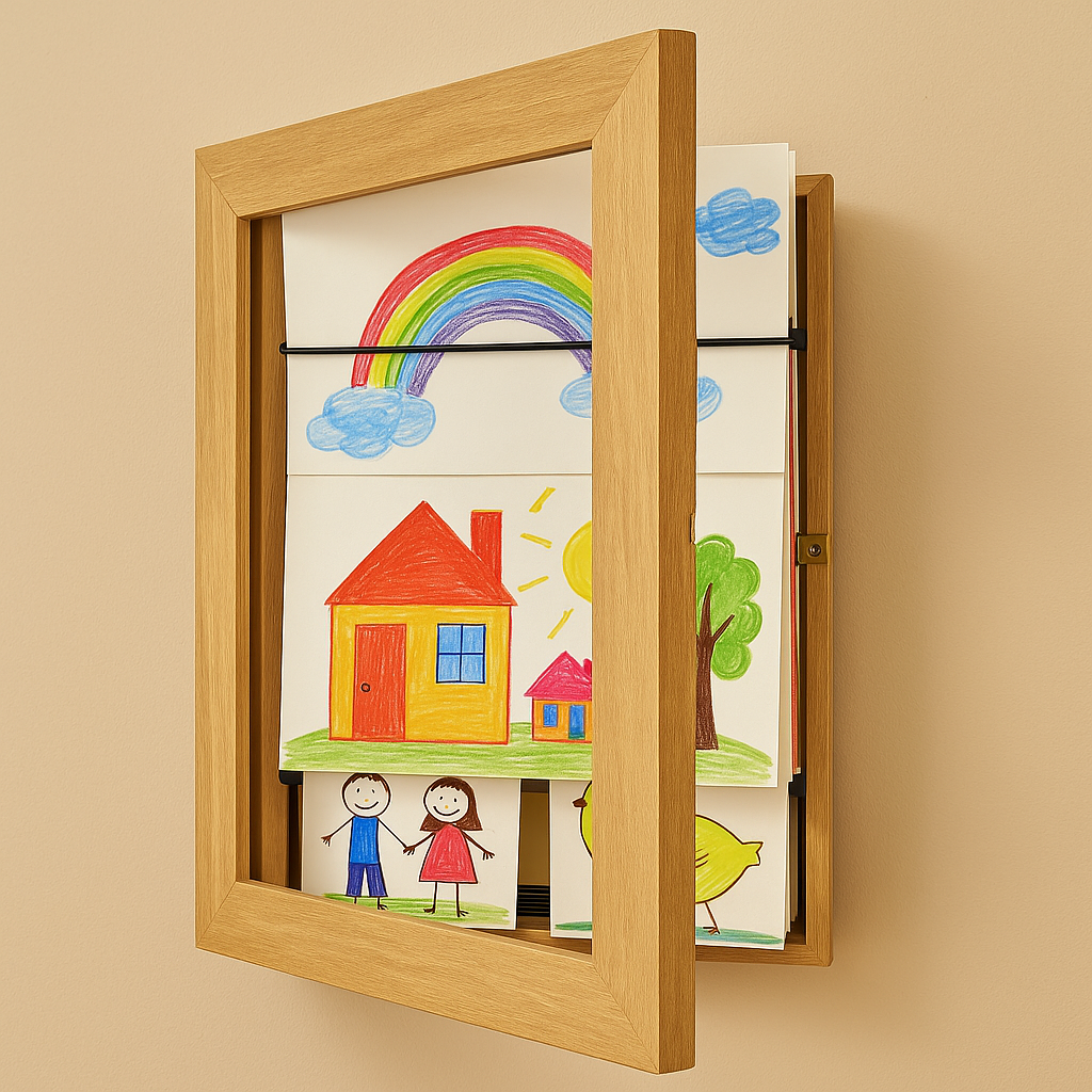 NOUVEAU RICHE Kinderkunst-Wechselrahmen A4 / A3 – Bilderrahmen aus Holz für Kinderzeichnungen, Stauraum für 150 Bilder, 6 Farben Holz A4