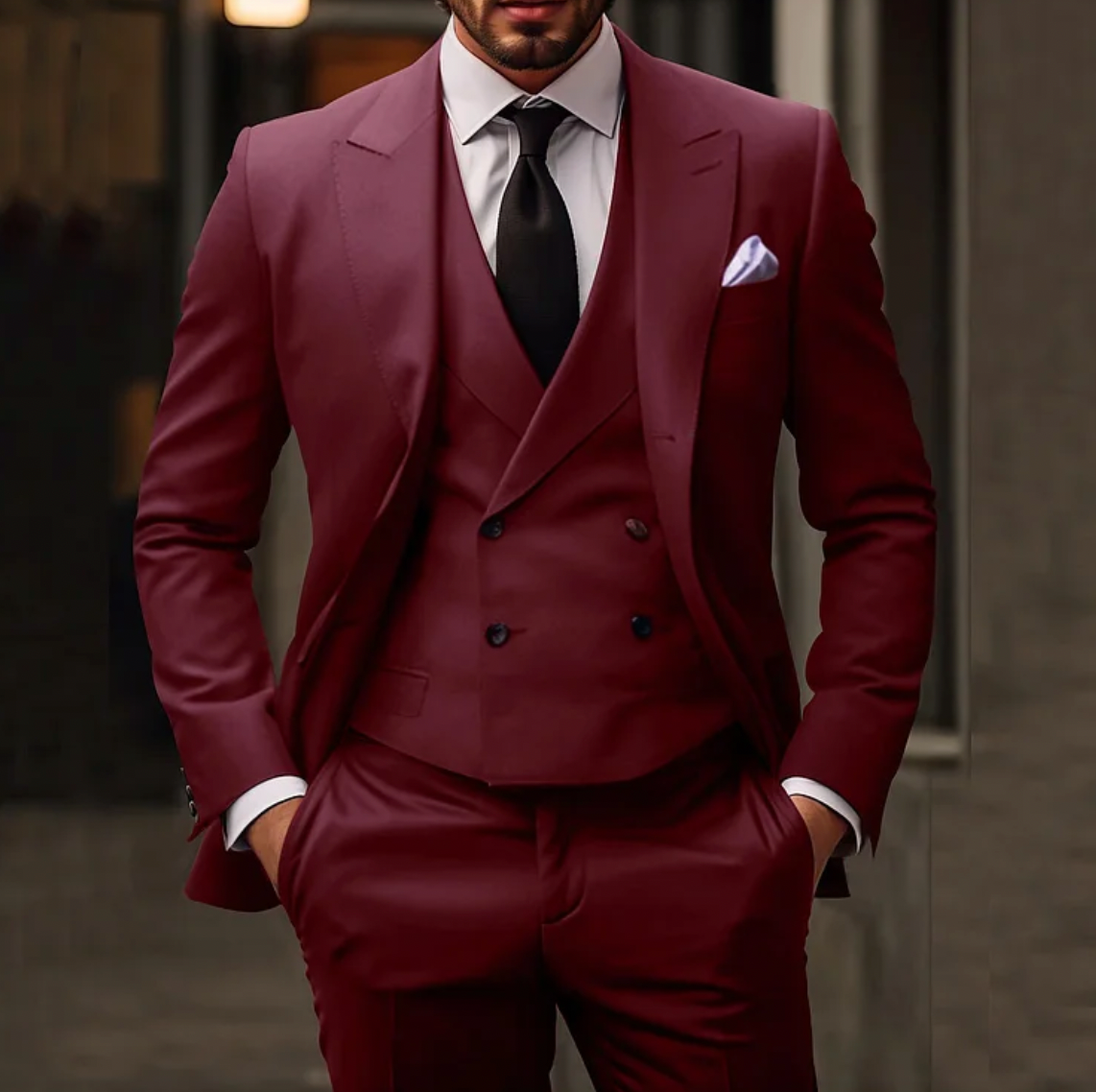 NOUVEAU RICHE Herren Anzug 3-Teiliger Sakko Weste Hose Elegantes Outfit Burgunder