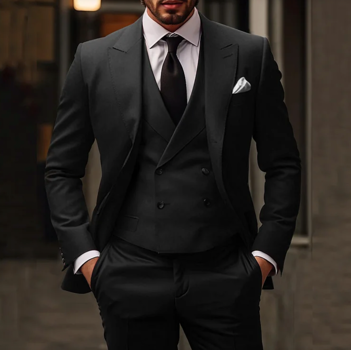 NOUVEAU RICHE Herren Anzug 3-Teiliger Sakko Weste Hose Elegantes Outfit Schwarz