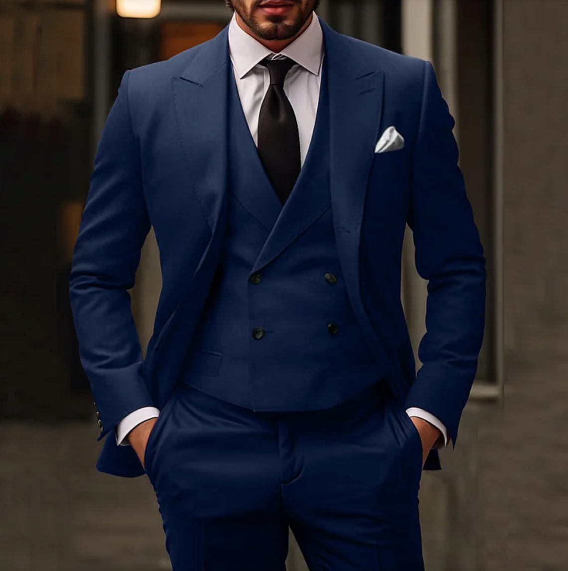 NOUVEAU RICHE Herren Anzug 3-Teiliger Sakko Weste Hose Elegantes Outfit Dunkelblau