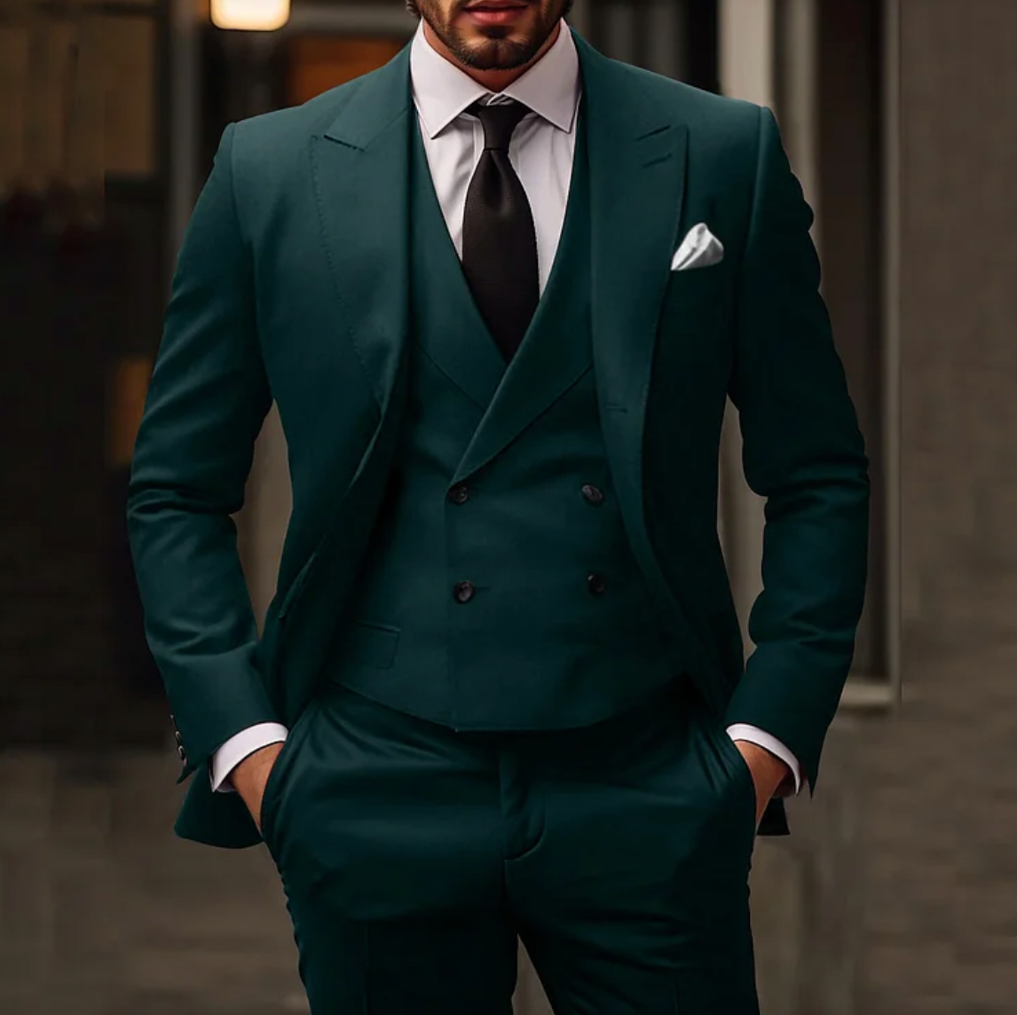 NOUVEAU RICHE Herren Anzug 3-Teiliger Sakko Weste Hose Elegantes Outfit Grün
