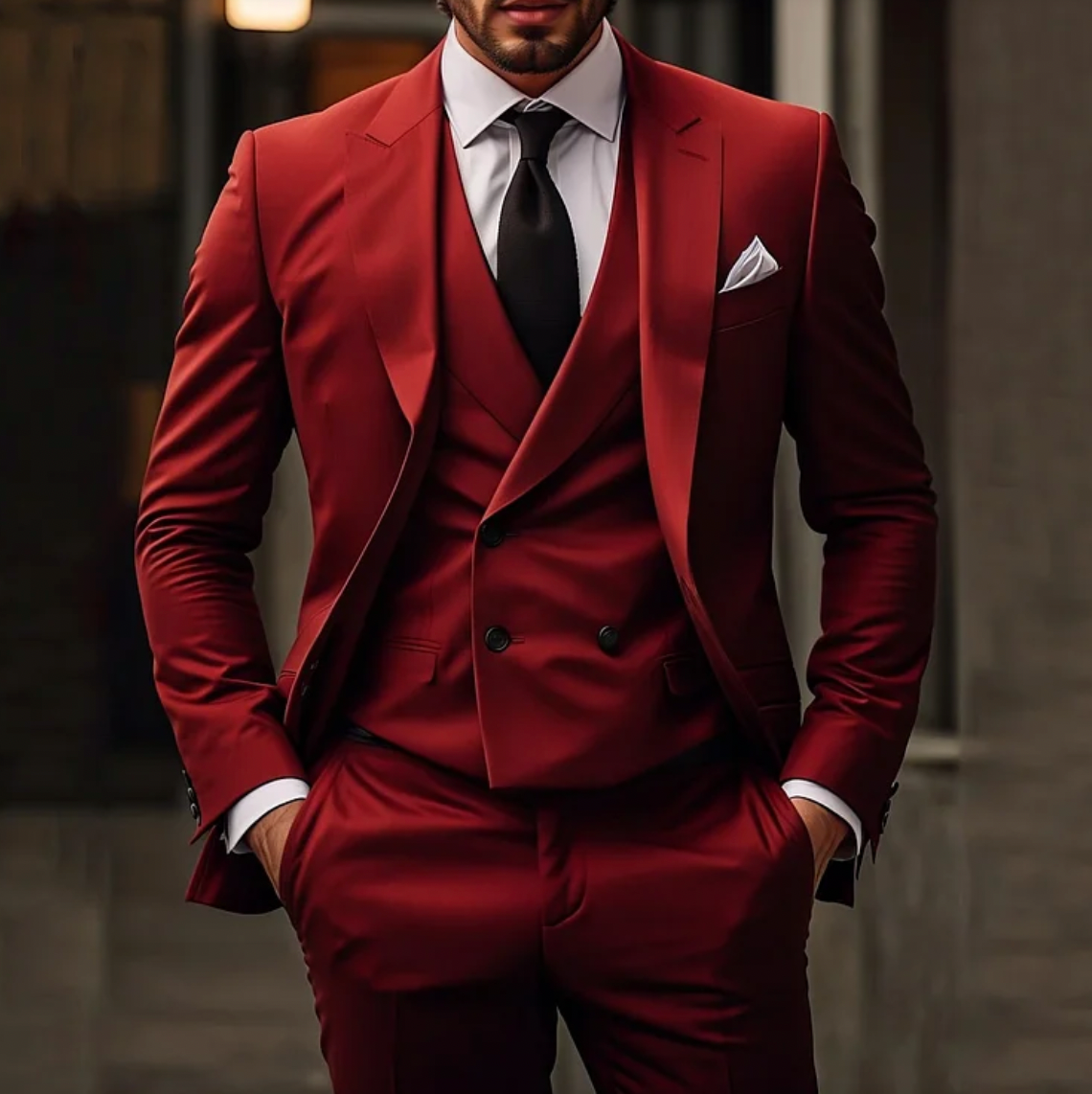 NOUVEAU RICHE Herren Anzug 3-Teiliger Sakko Weste Hose Elegantes Outfit Rot
