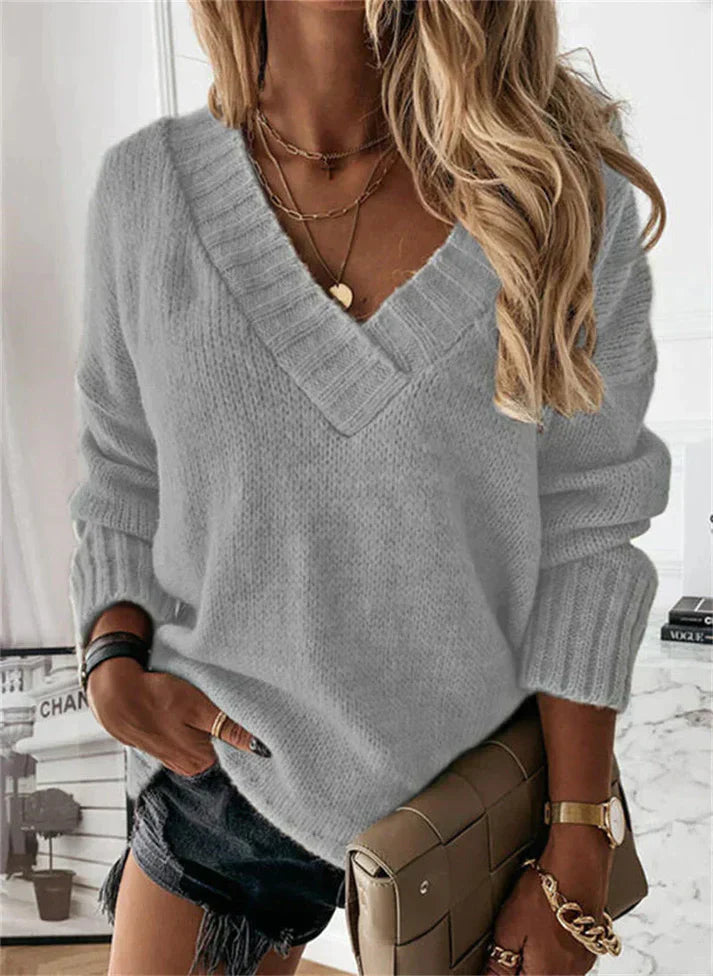 NOUVEAU RICHE Weicher Strickpulli Mit V-Ausschnitt Für Herbst Winter Grau