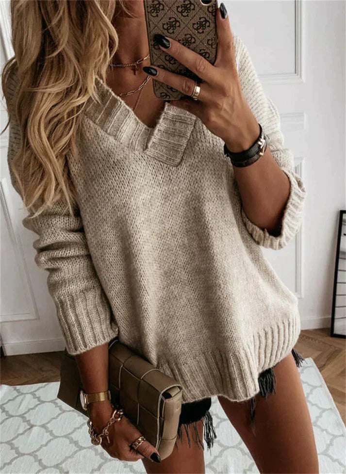 NOUVEAU RICHE Weicher Strickpulli Mit V-Ausschnitt Für Herbst Winter Beige