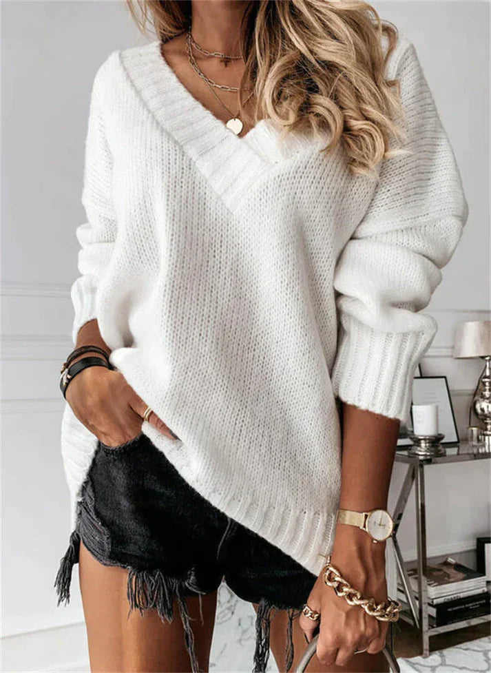 NOUVEAU RICHE Weicher Strickpulli Mit V-Ausschnitt Für Herbst Winter Weiß