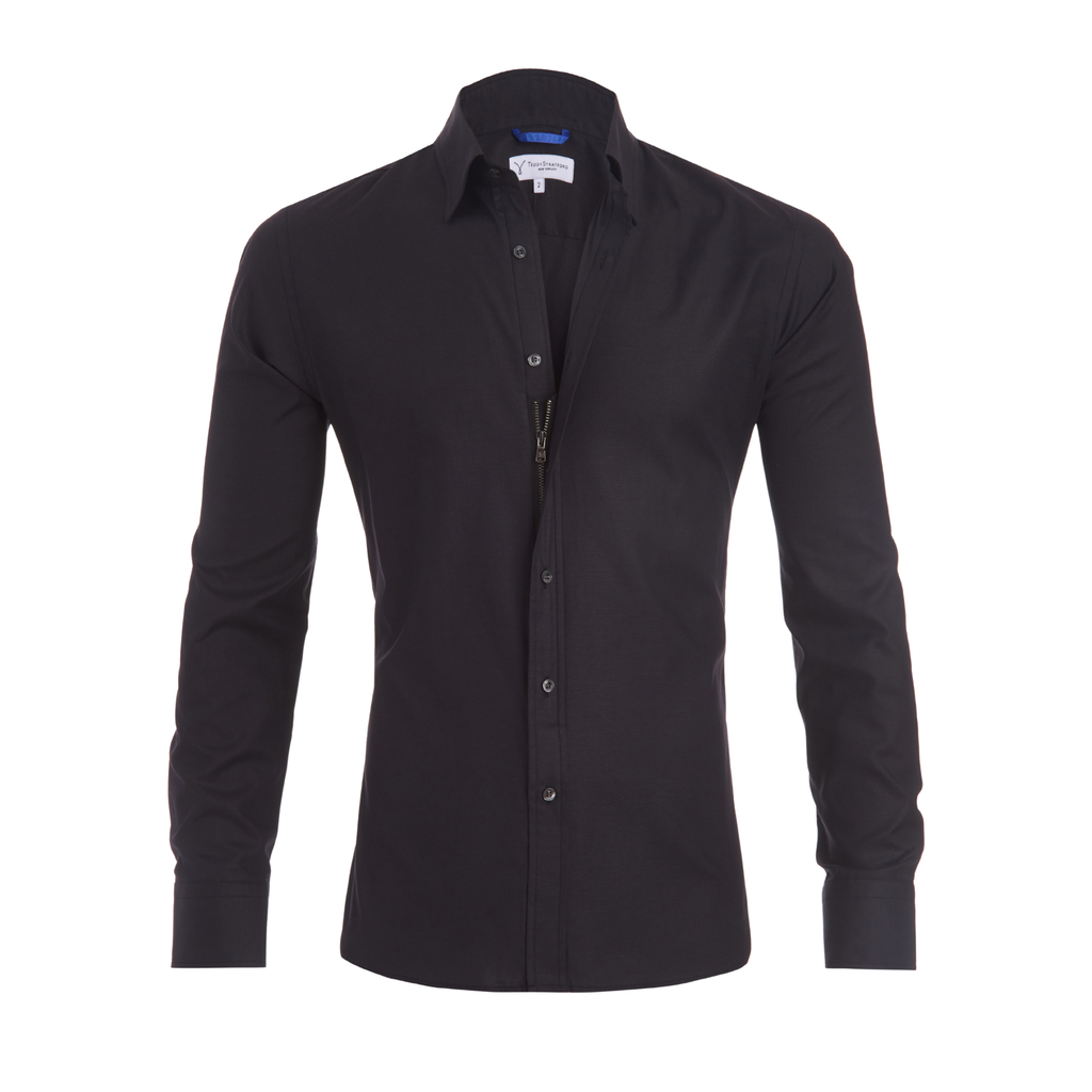 NOUVEAU RICHE Hemd Zip Fit Verdeckter Reißverschluss Schlank Silhouette Schwarz