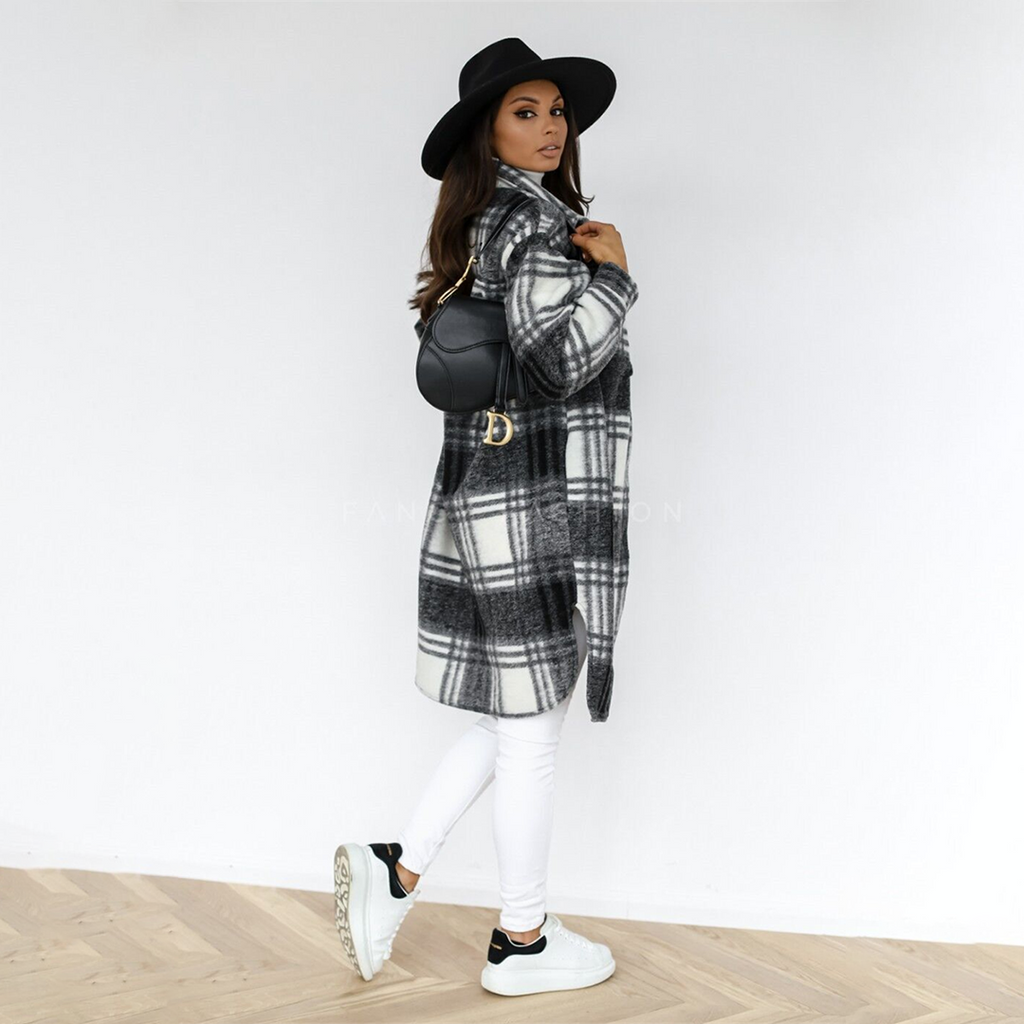 NOUVEAU RICHE Damenmantel Kariert Langmantel Alltagslook Herbstkollektion - Winterjacke - Wintermäntel Damen