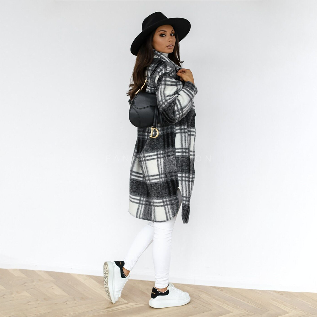 NOUVEAU RICHE Damenmantel Kariert Langmantel Alltagslook Herbstkollektion - Winterjacke - Wintermäntel Damen