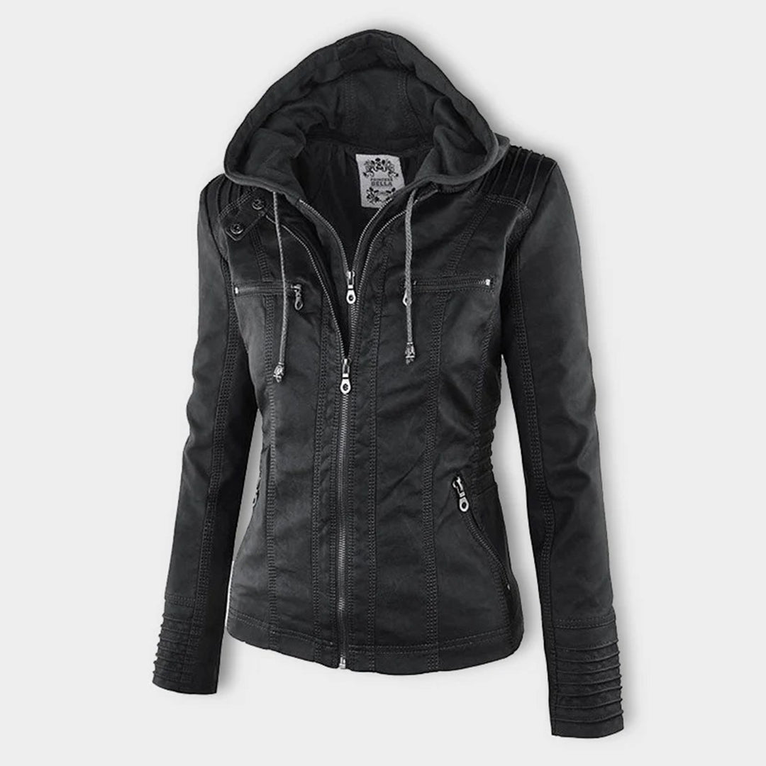 NOUVEAU RICHE Damen Lederjacke Wetterbeständig Mit Kapuze Wasserabweisend