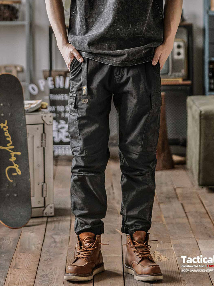 NOUVEAU RICHE Herren Gewaschene Taktische Cargo-Hosen Mit Gürtel Aus Baumwoll-Twill In Lockere Passform Mit Elastischen Bündchen Und 2 Großen Cargo-Taschen
