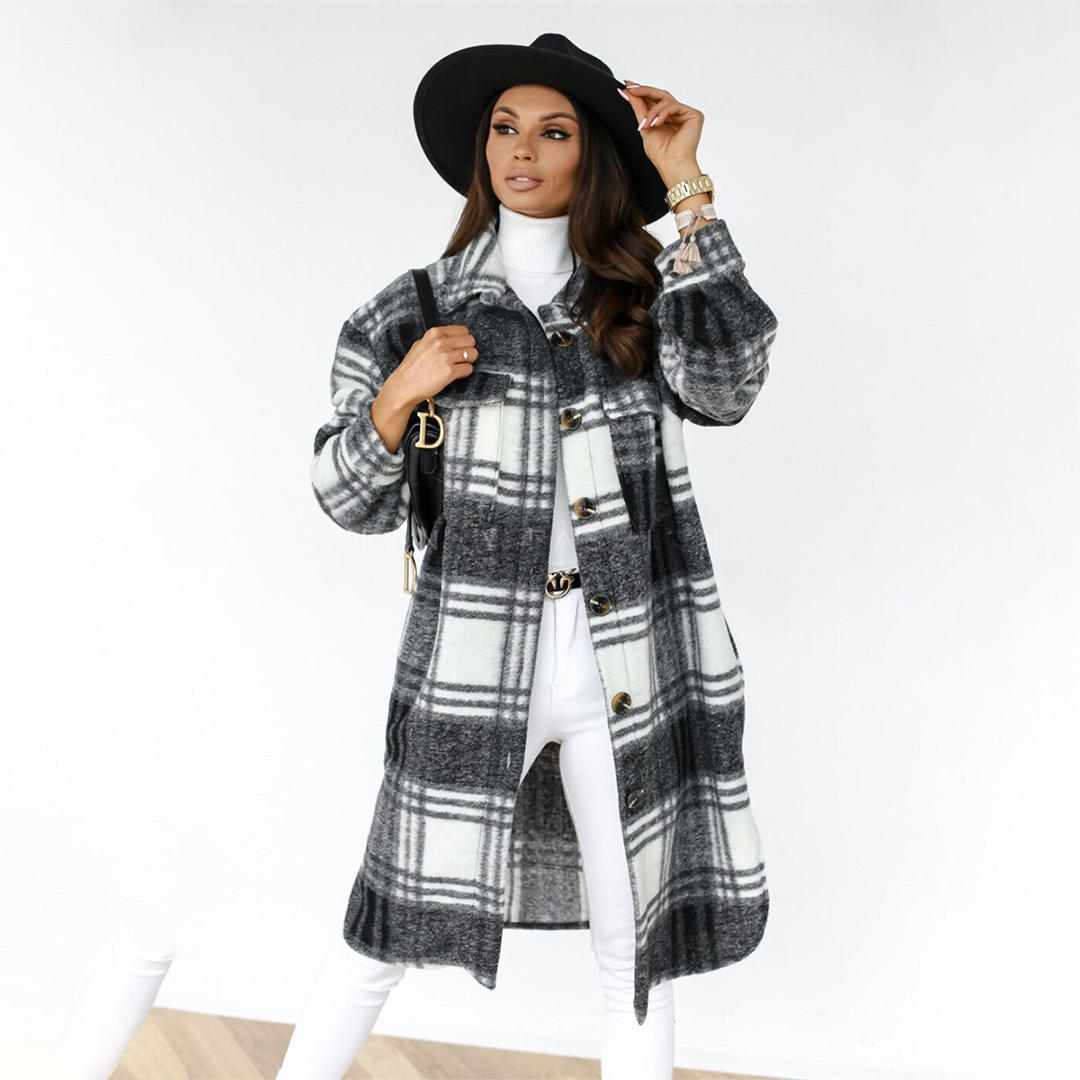 NOUVEAU RICHE Damenmantel Kariert Langmantel Alltagslook Herbstkollektion - Winterjacke - Wintermäntel Damen Schwarz