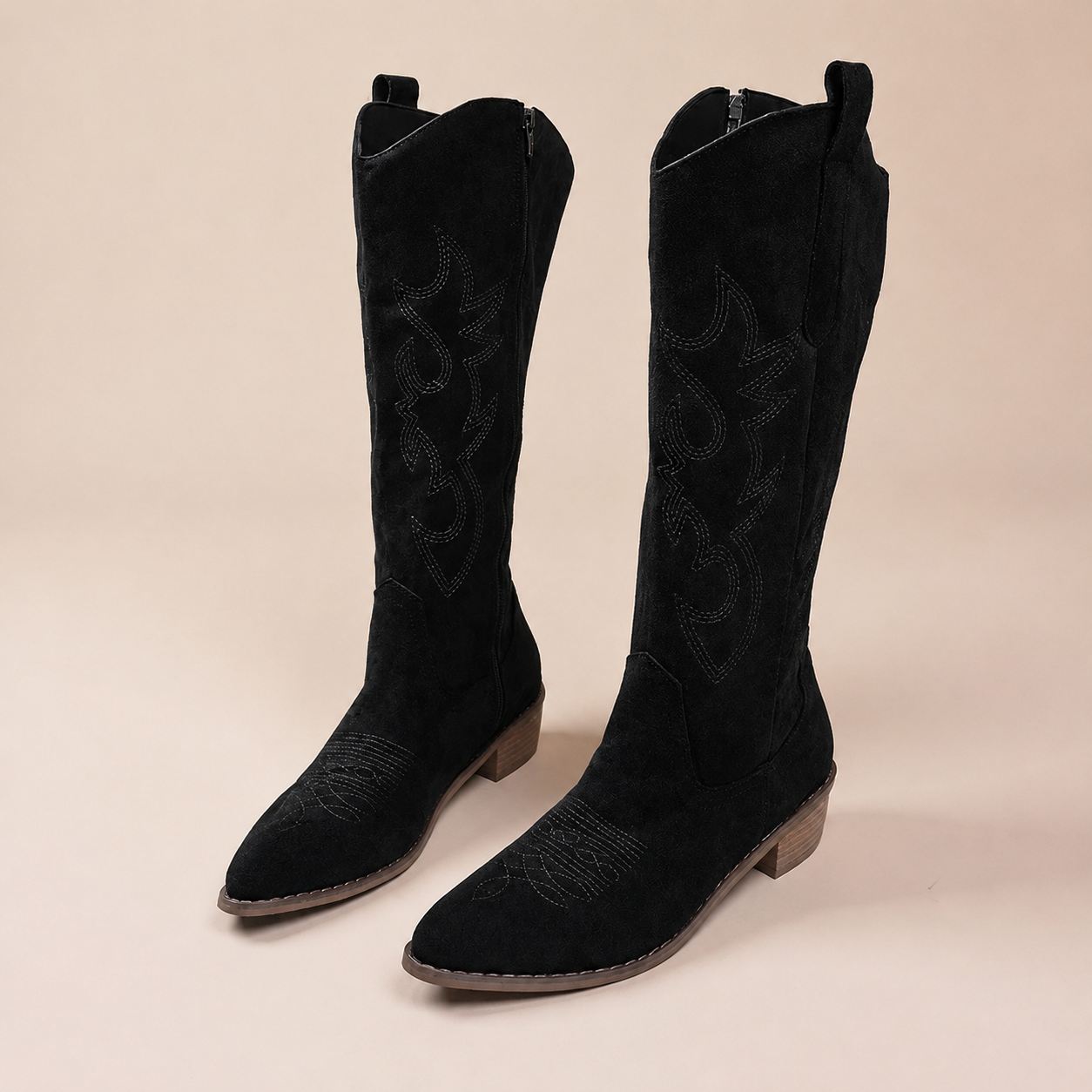 NOUVEAU RICHE Damen Knielange Cowboystiefel Gestickten Details Schnitt Klassisch Schwarz