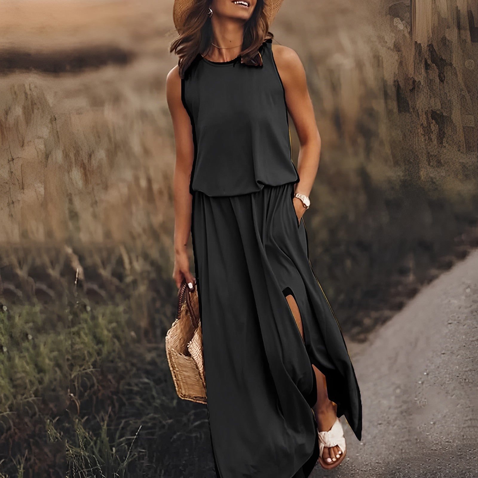 NOUVEAU RICHE Maxikleid Damen Boho Weiß Ohne Ärmel Schlitz Sommer Strand Schwarz