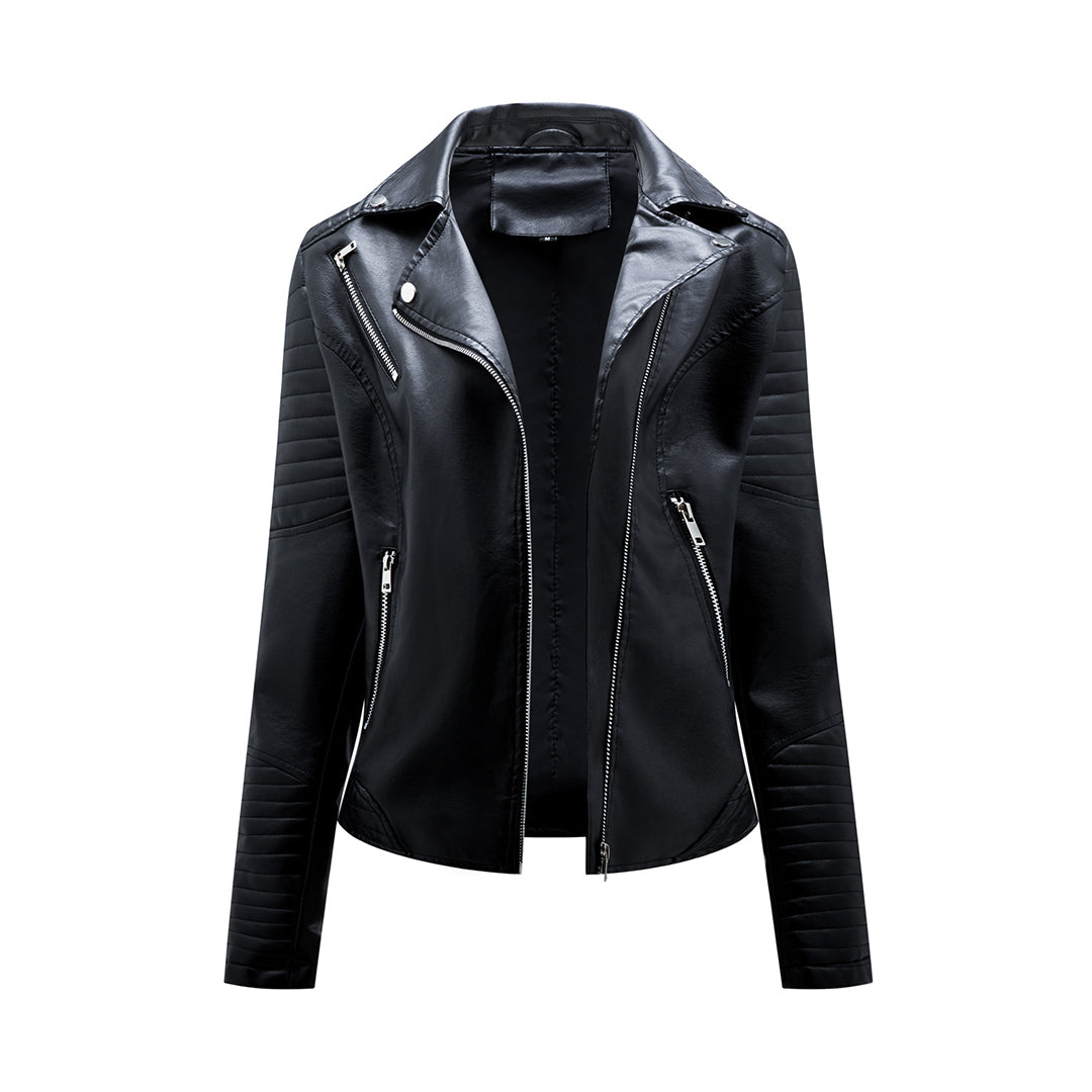 NOUVEAU RICHE Damen-Jacke Klassische PU Reißverschluss Reverskragen Schwarz