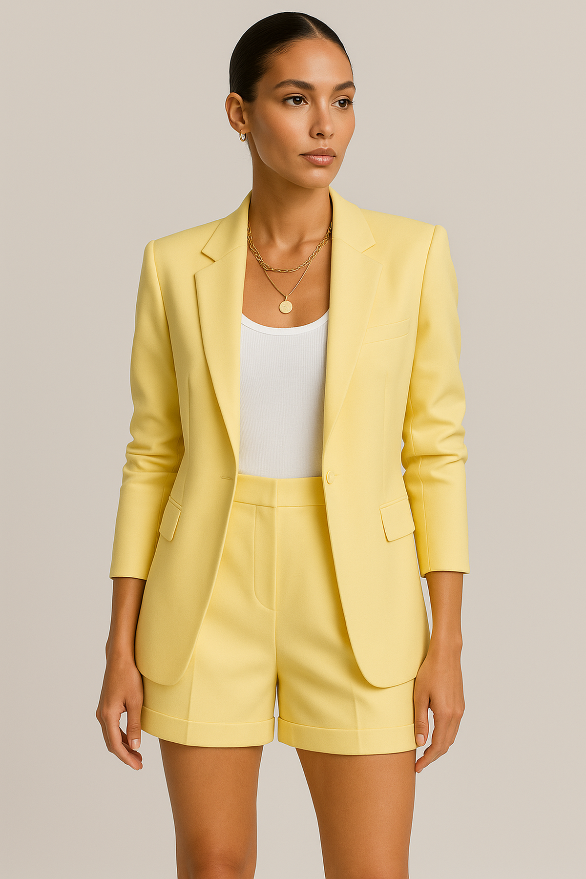 NOUVEAU RICHE Oversize Blazer Mit Hoher Taille Shorts Sommer Set Gelb
