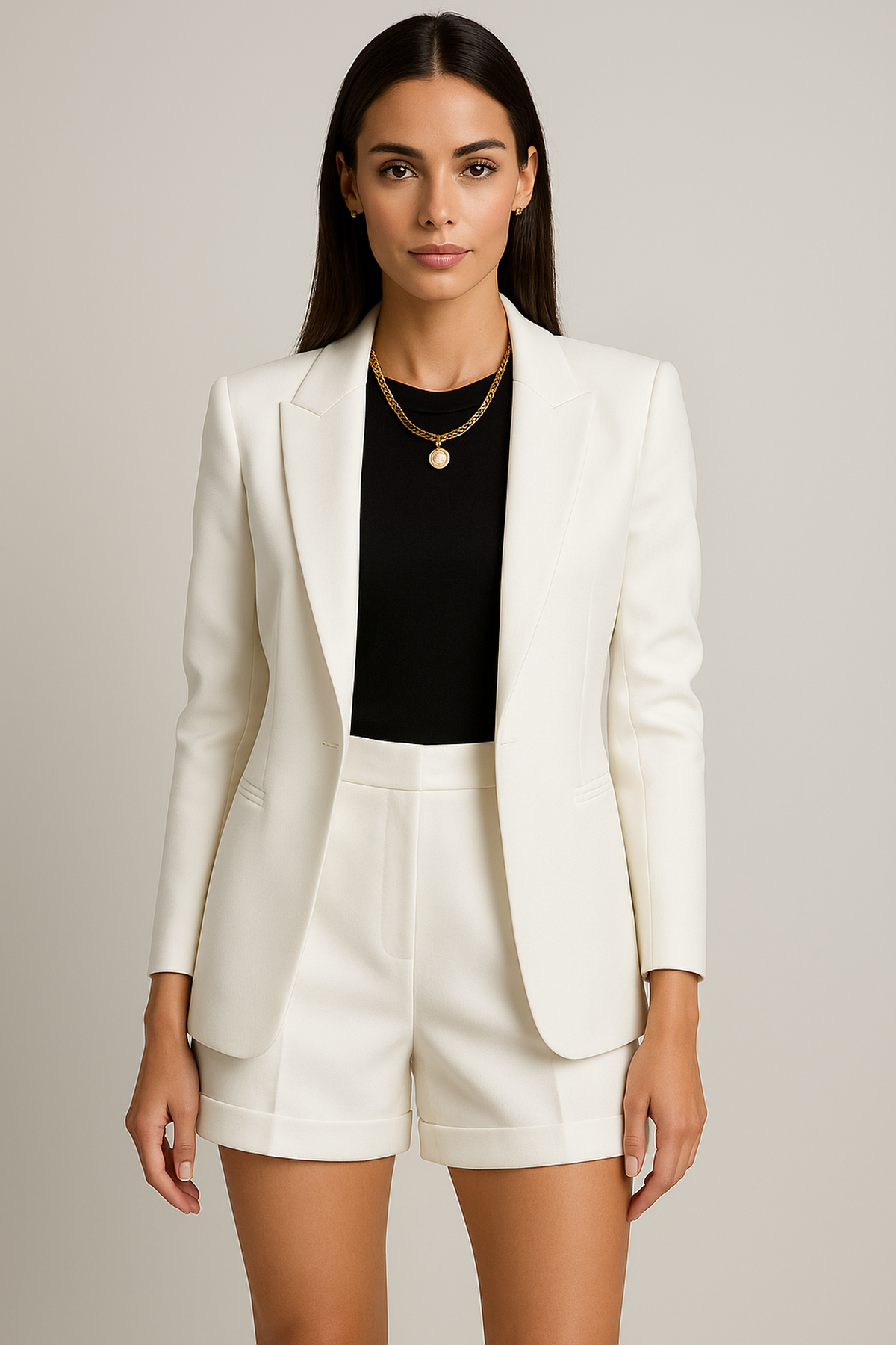NOUVEAU RICHE Oversize Blazer Mit Hoher Taille Shorts Sommer Set Weiß