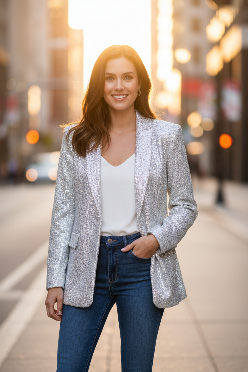 Glitzernder Pailletten Blazer Mit Langen Ärmeln Und Revers Für Damen – Auffällige Party-Oberbekleidung Für Besondere Anlässe