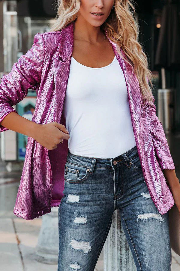 NOUVEAU RICHE Glitzernder Pailletten Blazer Mit Langen Ärmeln Und Revers Für Damen – Auffällige Party-Oberbekleidung Für Besondere Anlässe
