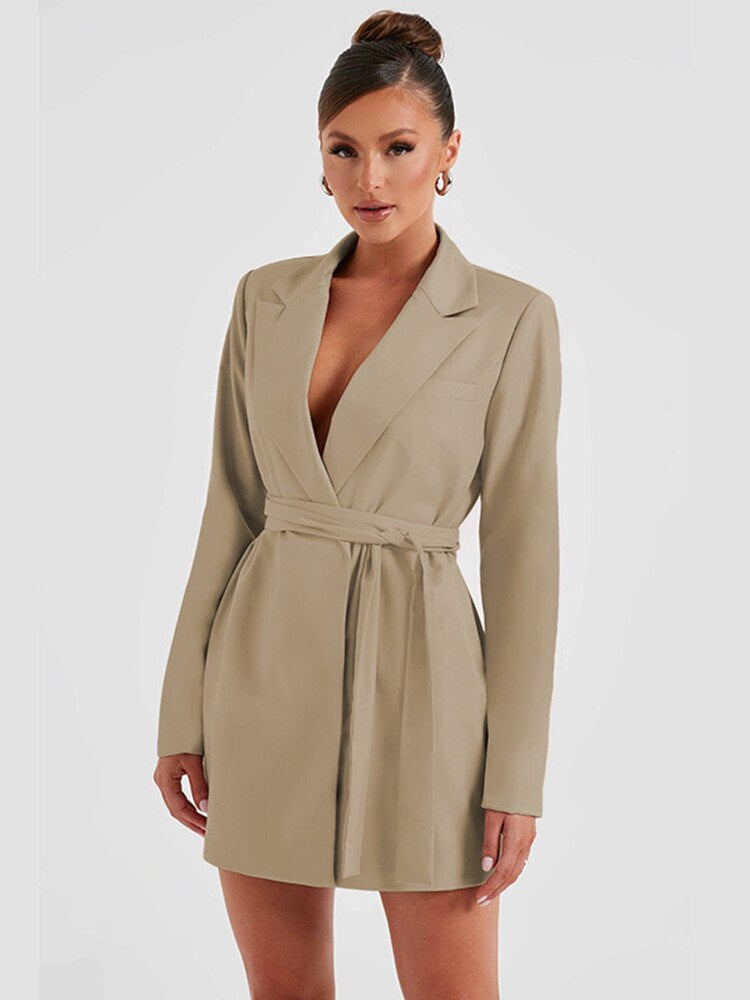 NOUVEAU RICHE Elegantes Damen Blazerkleid Mit Taillierter Passform Minilänge V Ausschnitt Und Langen Ärmeln Für Schicke Anlässe Khaki