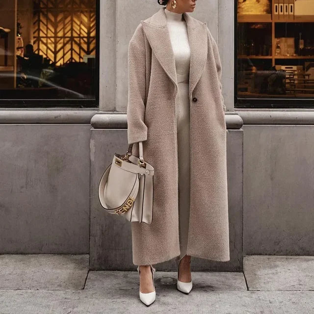 NOUVEAU RICHE Mantel Damen Lang Übergroß Warm Kuschelig für Winter Khaki