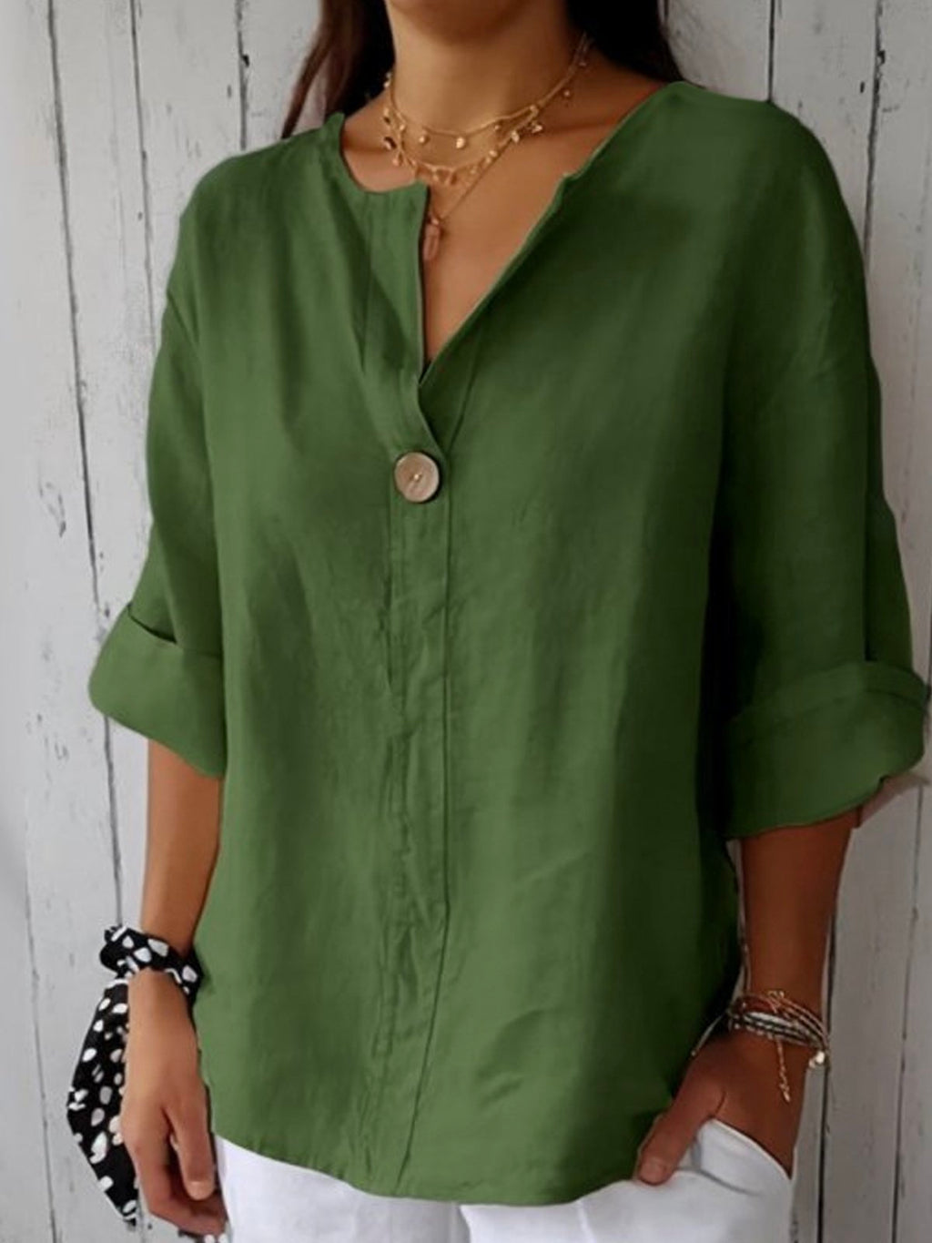 NOUVEAU RICHE Bluse Casual V-Neck Bluse Lässige Passform Entspannte Tage Grün