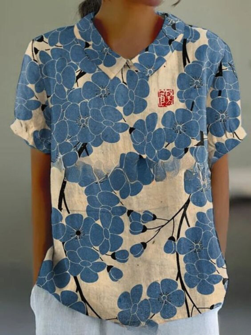 NOUVEAU RICHE Bluse Mit Blumendruck Und Kragen Leichter Stoff Weich Weiß mit blauen Blumen