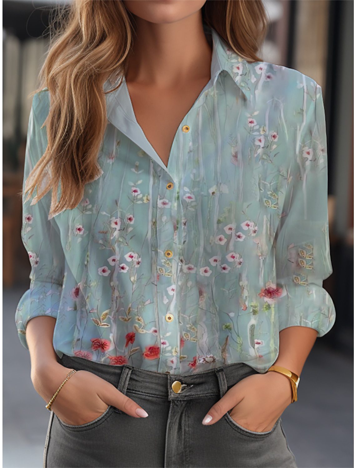 NOUVEAU RICHE Bluse Mit Blumenmuster Langarm Knopfleiste Lockere Passform Grüne Blume