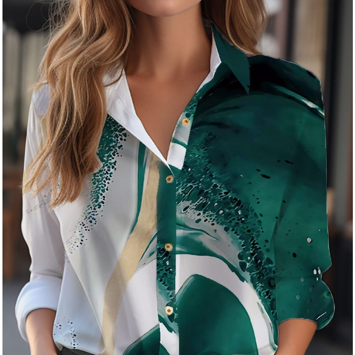 NOUVEAU RICHE Bluse Mit Blumenmuster Langarm Knopfleiste Lockere Passform Grün