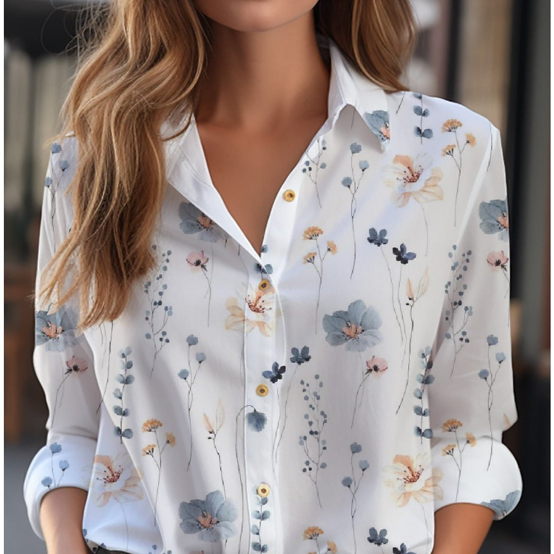 NOUVEAU RICHE Bluse Mit Blumenmuster Langarm Knopfleiste Lockere Passform Weiß