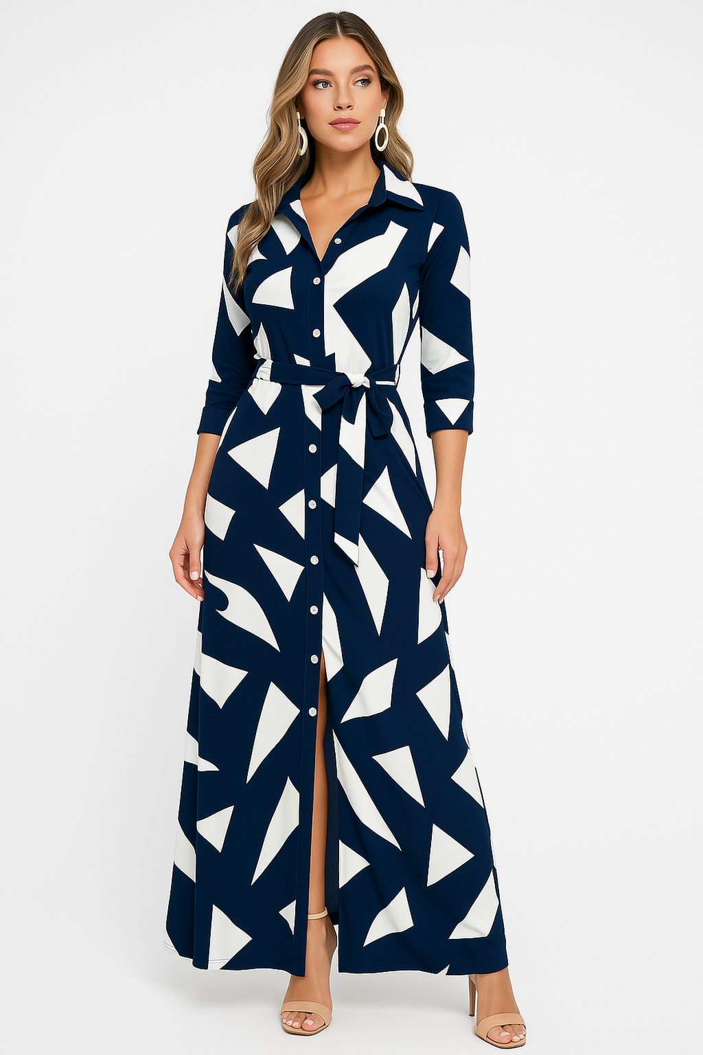 NOUVEAU RICHE Elegantes Maxikleid Mit Taillierter Passform Und Print Marineblau