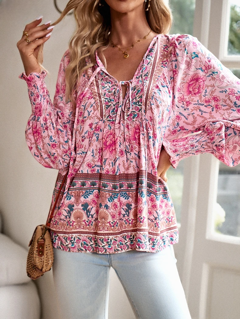 NOUVEAU RICHE Bohemian Country Damen Bluse Fließender Schnitt Lange Ärmel