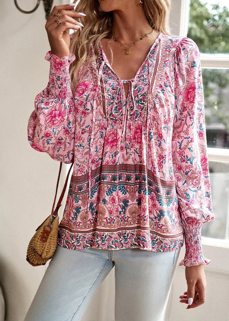NOUVEAU RICHE Bohemian Country Damen Bluse Fließender Schnitt Lange Ärmel