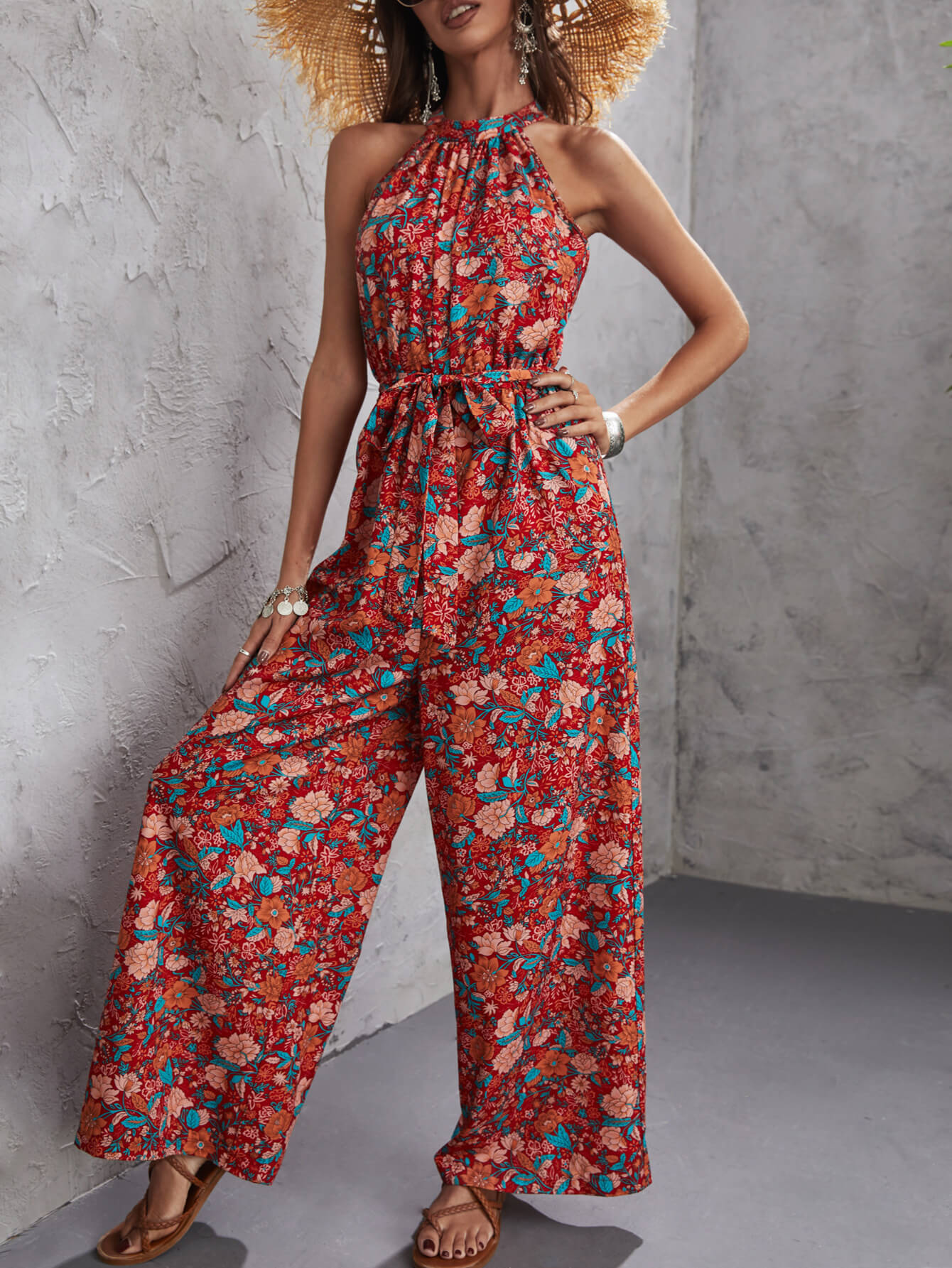 NOUVEAU RICHE Bohemian Print Ärmellose Jumpsuits Mit Kordelzug Lässig