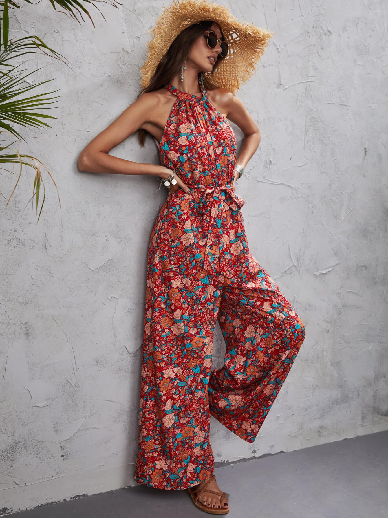 NOUVEAU RICHE Bohemian Print Ärmellose Jumpsuits Mit Kordelzug Lässig Rot