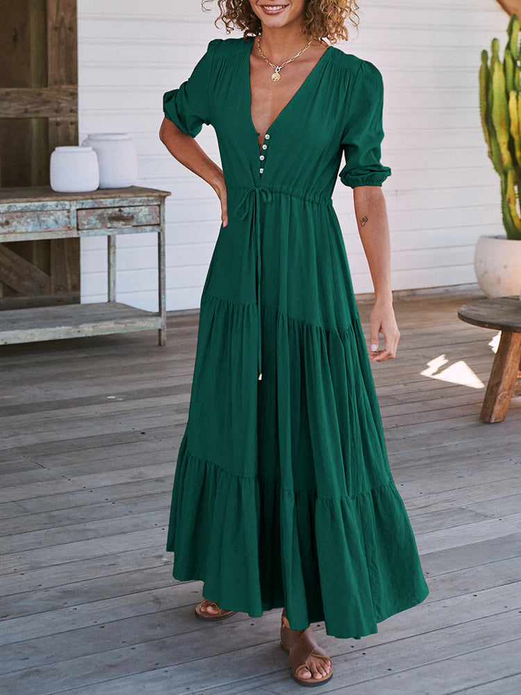 NOUVEAU RICHE Bohemian Maxikleider Mit Kordelzug In Der Taille Für Damen V-Ausschnitt Entspannte Passform Sommermode Grün