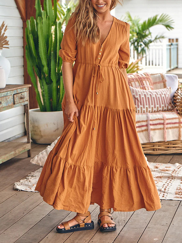 NOUVEAU RICHE Bohemian Maxikleider Mit Kordelzug In Der Taille Für Damen V-Ausschnitt Entspannte Passform Sommermode