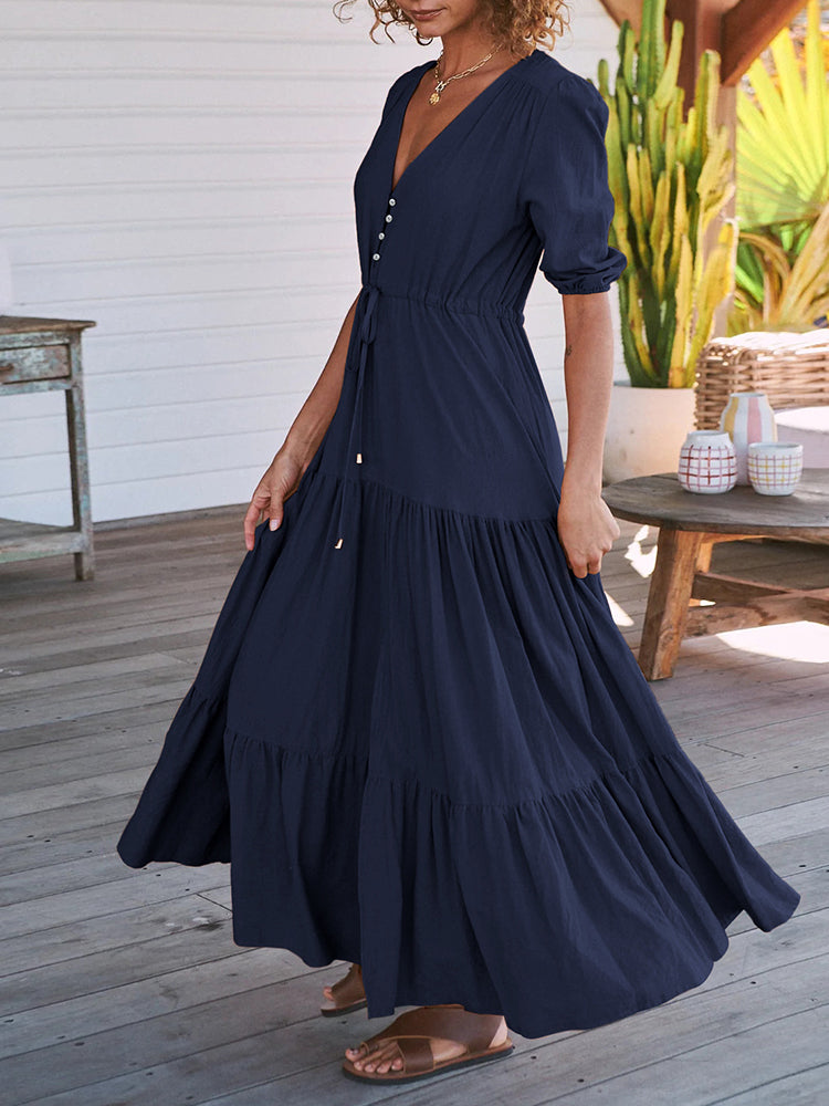 NOUVEAU RICHE Bohemian Maxikleider Mit Kordelzug In Der Taille Für Damen V-Ausschnitt Entspannte Passform Sommermode Marineblau