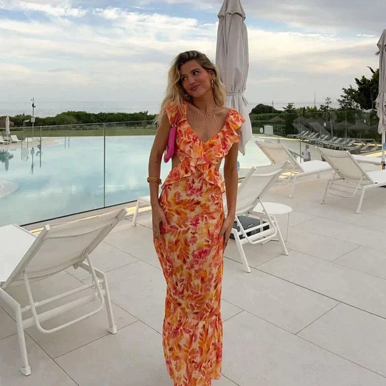 NOUVEAU RICHE Boho Kleid Mit Print Und Rüschen Für Damen Elegant Und Lässig Mit V-Ausschnitt Und Fledermausärmeln Ideal Für Besondere Anlässe