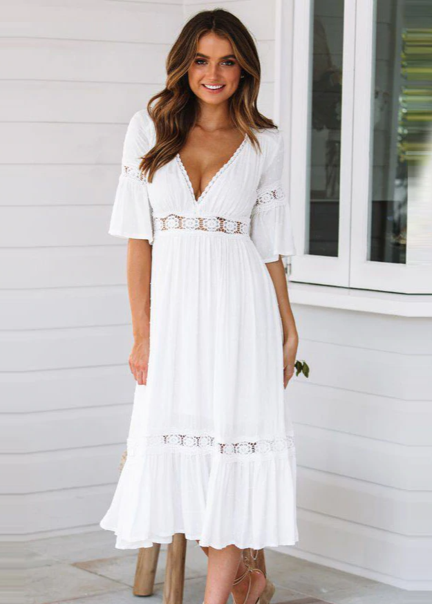 NOUVEAU RICHE Boho Langes Spitzenkleid Im Bohème Stil Sexy Sommerlook Weiß