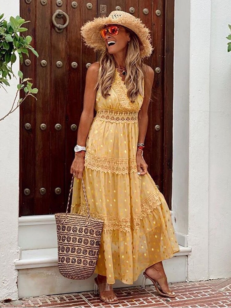 NOUVEAU RICHE Boho Maxikleid Mit Spitzen-Details Für Frauen Sommerlook Gelb